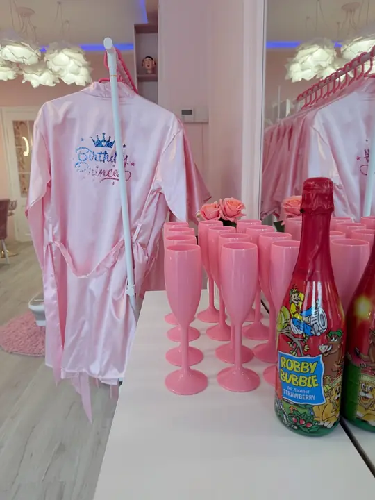 The Birthday Princess robe, pink glasses and children's champagne