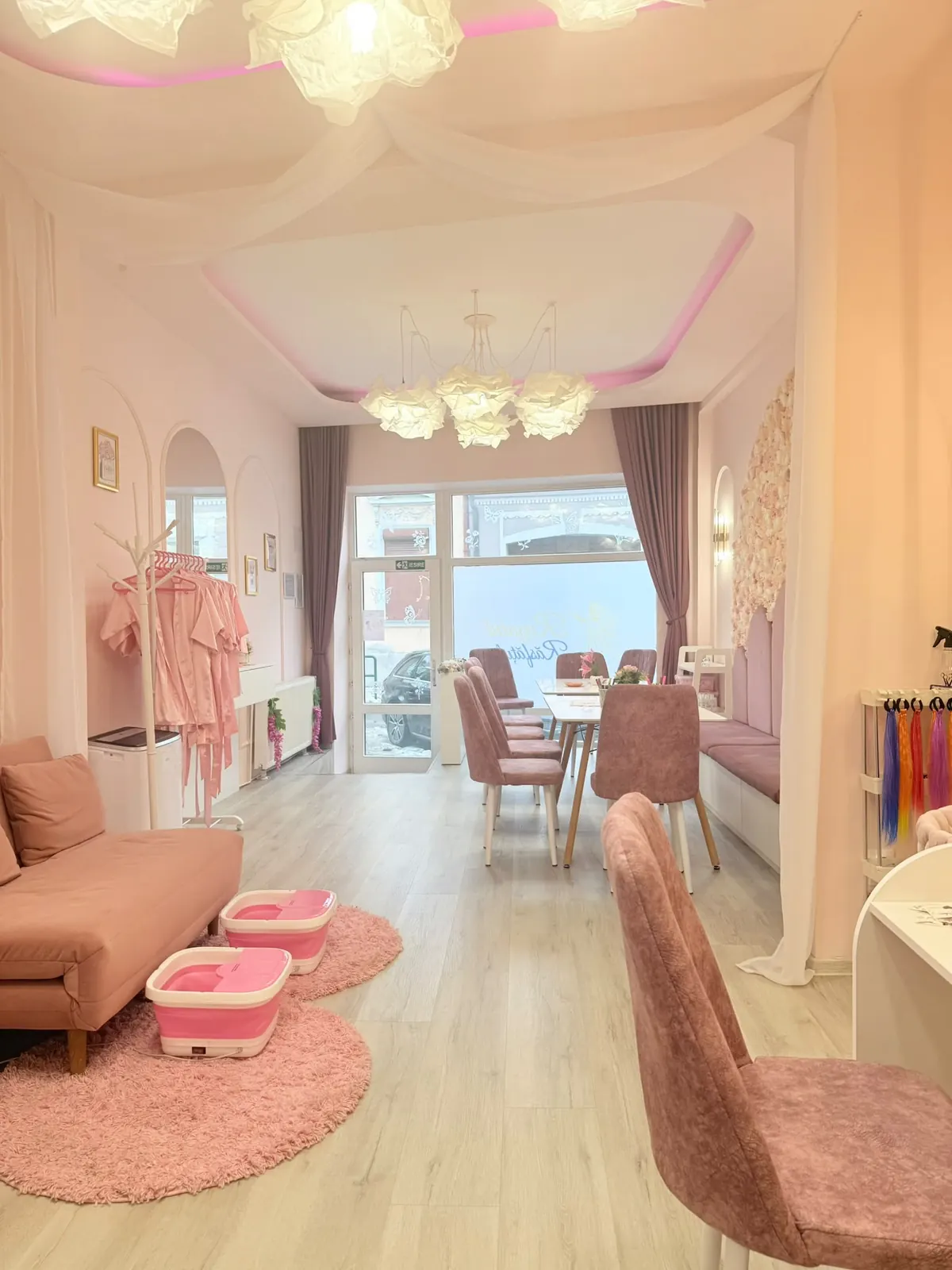 Our salon, with the spa sofa and the party table